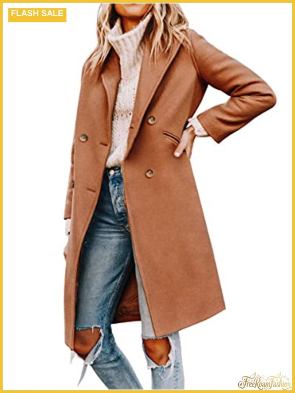 Yousify Women's Notched Lapel Double Breasted Pea Coat Long Winter